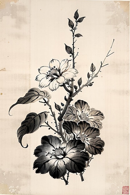 Chinese Watercolor Ink Style Ancient Flower Painting A Branch Flower Collection Art Exhibition