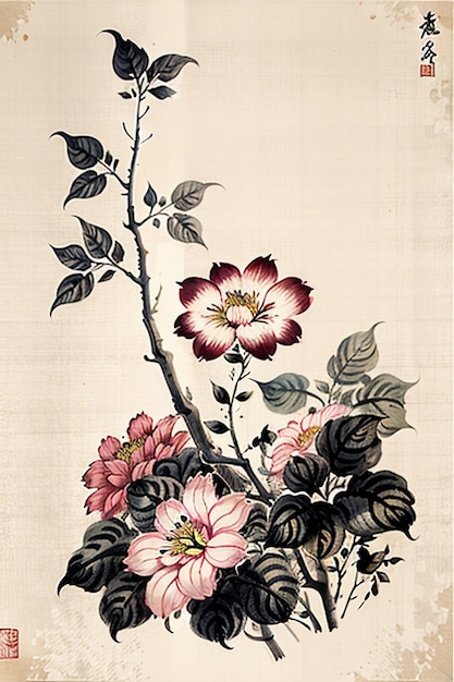 Chinese Watercolor Ink Style Ancient Flower Painting A Branch Flower Collection Art Exhibition