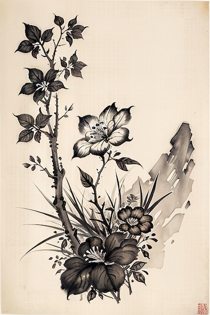 中国の水彩インクスタイル 古代の花の絵 枝の花のコレクション アート展