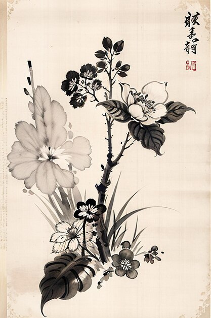 Chinese Watercolor Ink Style Ancient Flower Painting A Branch Flower Collection Art Exhibition