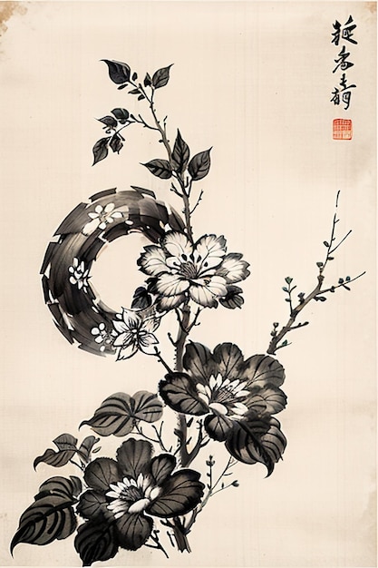 Китайская акварель в стиле чернил. Древний цветок. Живопись. Коллекция ветвей цветов. Художественная выставка.