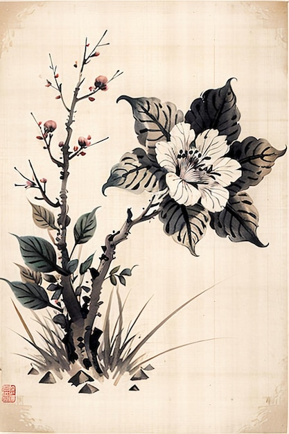 Chinese Watercolor Ink Style Ancient Flower Painting A Branch Flower Collection Art Exhibition