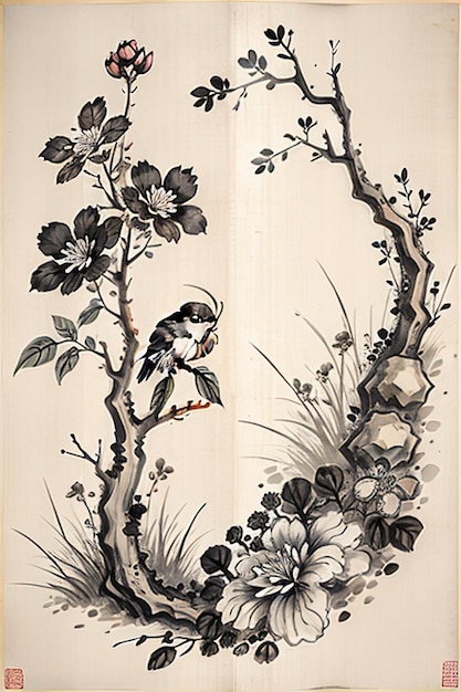 中国の水彩画水墨画古代の花の絵枝花コレクション美術展
