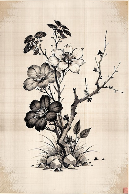 Chinese Watercolor Ink Style Ancient Flower Painting A Branch Flower Collection Art Exhibition