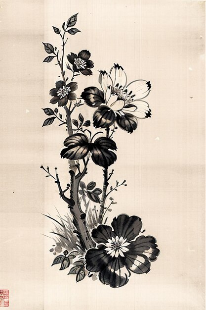 Photo chinese watercolor ink style ancient flower painting a branch flower collection art exhibition