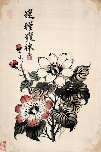 Chinese watercolor ink style ancient flower painting a branch flower collection art exhibition