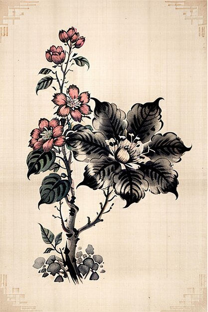 Chinese Watercolor Ink Style Ancient Flower Painting A Branch Flower Collection Art Exhibition