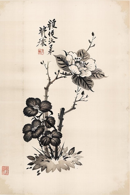 중국 수채 잉크 스타일 고대 꽃 그림 가지 꽃 컬렉션 미술 전시