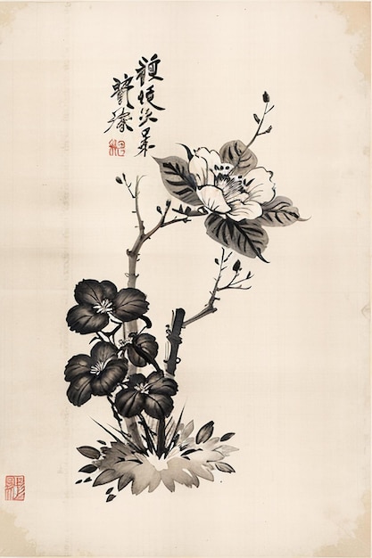 Chinese Watercolor Ink Style Ancient Flower Painting A Branch Flower Collection Art Exhibition