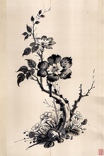 Chinese Watercolor Ink Style Ancient Flower Painting A Branch Flower Collection Art Exhibition