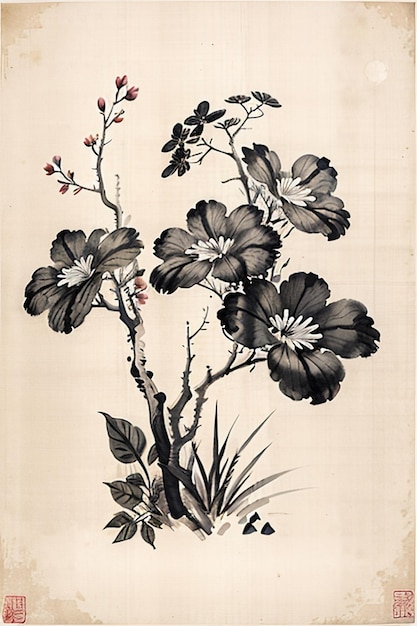 Chinese Watercolor Ink Style Ancient Flower Painting A Branch Flower Collection Art Exhibition