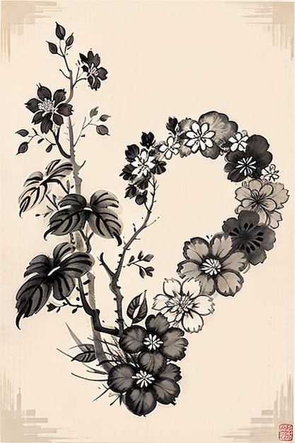 Chinese Watercolor Ink Style Ancient Flower Painting A Branch Flower Collection Art Exhibition