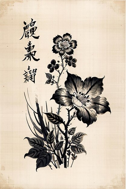 Chinese Watercolor Ink Style Ancient Flower Painting A Branch Flower Collection Art Exhibition