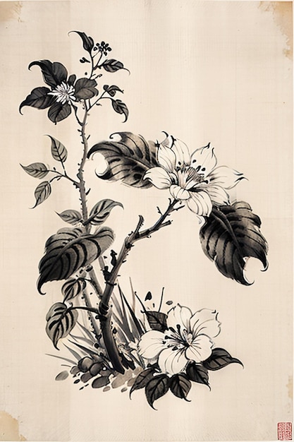 中国の水彩インクスタイル 古代の花の絵 枝の花のコレクション アート展