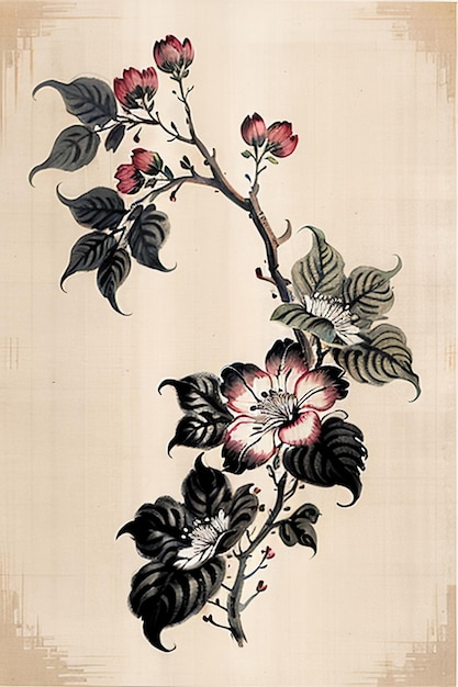 Chinese Watercolor Ink Style Ancient Flower Painting A Branch Flower Collection Art Exhibition