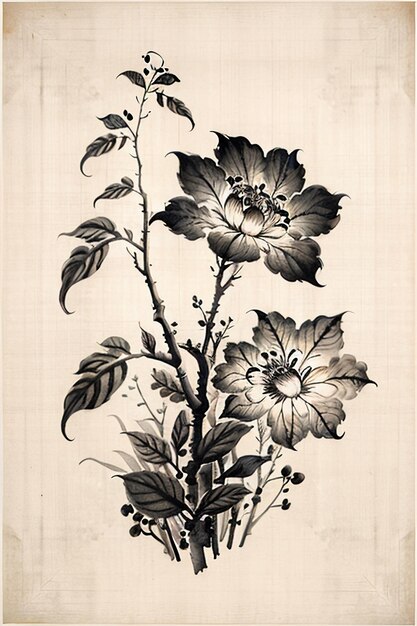 Chinese watercolor ink style ancient flower painting a branch flower collection art exhibition