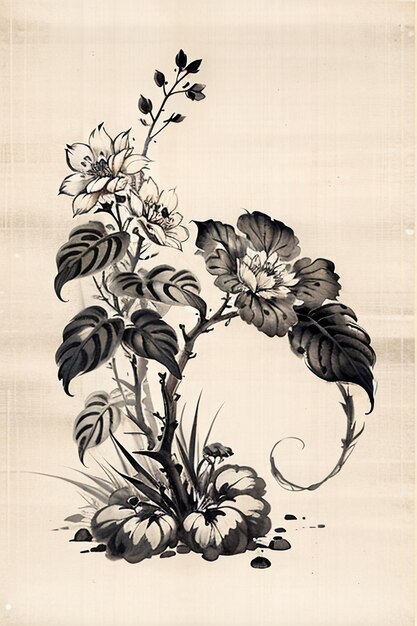 Photo chinese watercolor ink style ancient flower painting a branch flower collection art exhibition