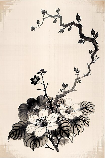 Chinese watercolor ink style ancient flower painting a branch flower collection art exhibition