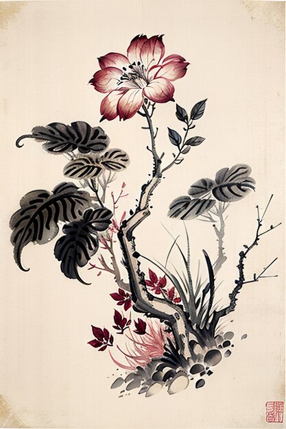 Photo chinese watercolor ink style ancient flower painting a branch flower collection art exhibition