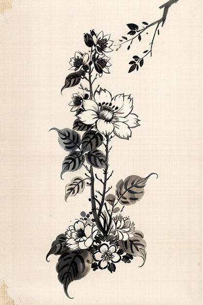 Chinese Watercolor Ink Style Ancient Flower Painting A Branch Flower Collection Art Exhibition