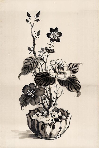 Chinese Watercolor Ink Style Ancient Flower Painting A Branch Flower Collection Art Exhibition