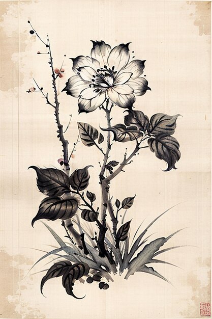 Chinese Watercolor Ink Style Ancient Flower Painting A Branch Flower Collection Art Exhibition