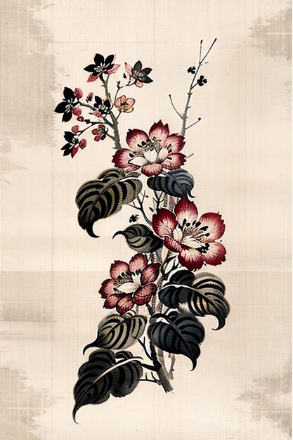 Photo chinese watercolor ink style ancient flower painting a branch flower collection art exhibition