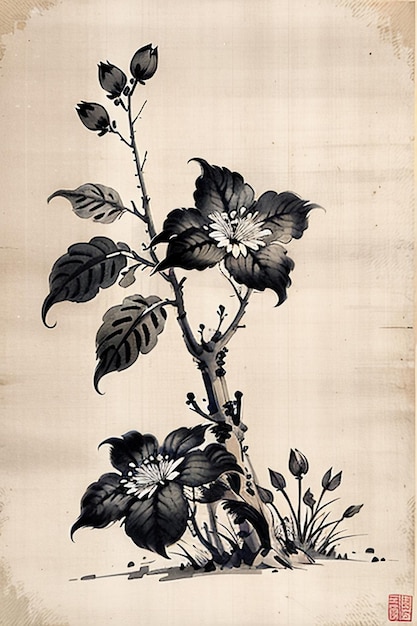 Chinese Watercolor Ink Style Ancient Flower Painting A Branch Flower Collection Art Exhibition