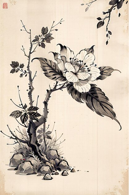 Chinese watercolor ink style ancient flower painting a branch flower collection art exhibition