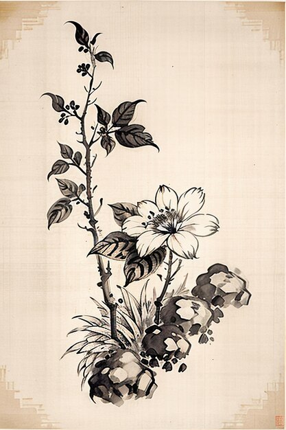 Chinese watercolor ink style ancient flower painting a branch flower collection art exhibition