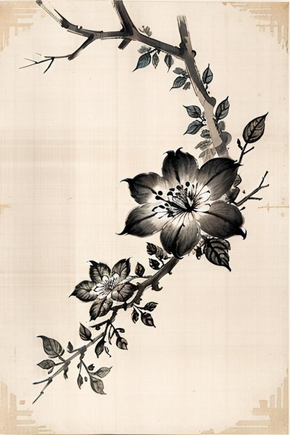 Chinese watercolor ink style ancient flower painting a branch flower collection art exhibition