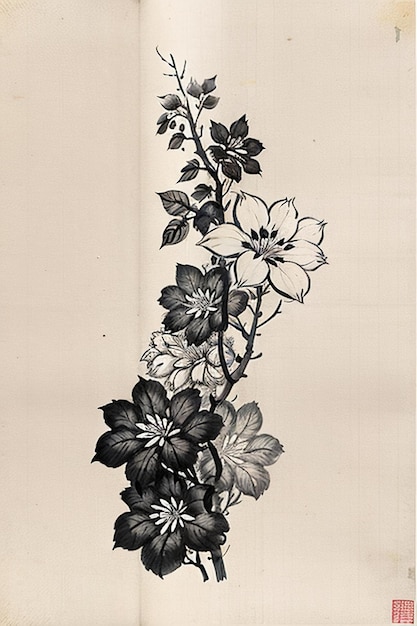 Chinese Watercolor Ink Style Ancient Flower Painting A Branch Flower Collection Art Exhibition