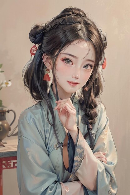 Chinese watercolor ink style hanfu beauty portrait bust painting wallpaper background illustration