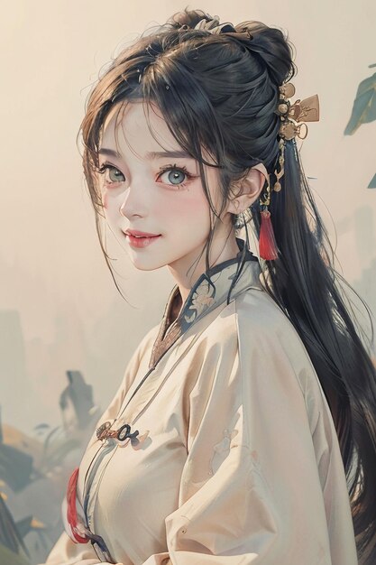 Chinese watercolor ink style hanfu beauty portrait bust painting wallpaper background illustration