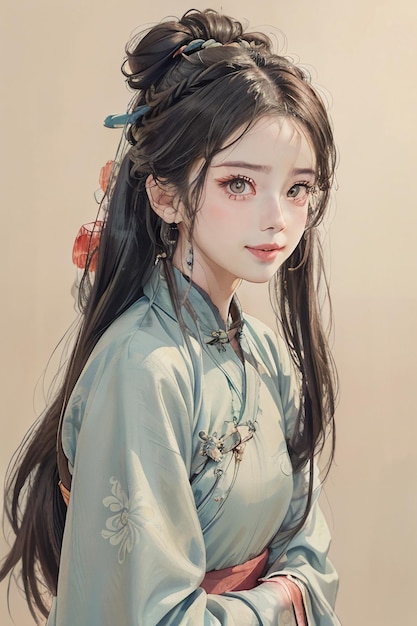 Chinese watercolor ink style hanfu beauty portrait bust painting wallpaper background illustration