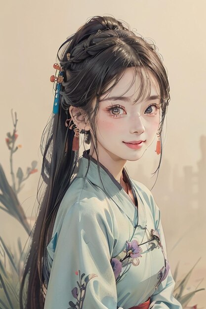 Chinese watercolor ink style hanfu beauty portrait bust painting wallpaper background illustration
