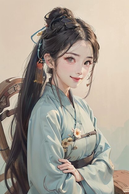 Chinese watercolor ink style hanfu beauty portrait bust painting wallpaper background illustration