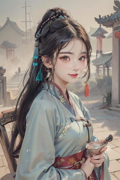 Chinese watercolor ink style hanfu beauty portrait bust painting wallpaper background illustration