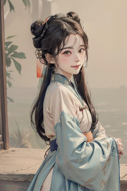 Chinese watercolor ink style hanfu beauty portrait bust painting wallpaper background illustration