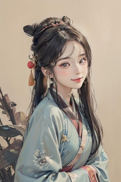 Chinese watercolor ink style hanfu beauty portrait bust painting wallpaper background illustration