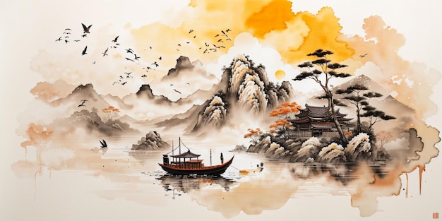 Chinese watercolor ink style landscape scenery painting abstract art wallpaper