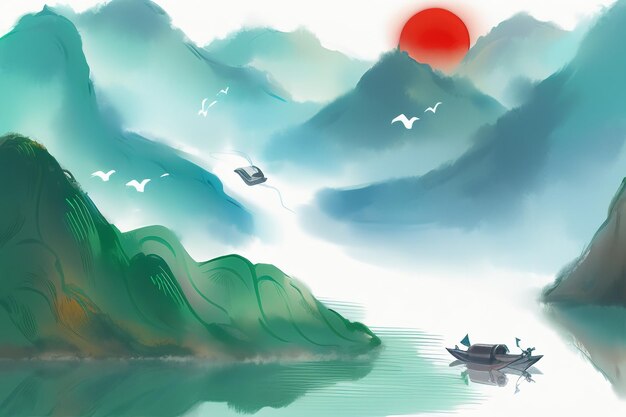 Chinese watercolor ink style sun mountain bird boat tree landscape painting abstract art wallpaper