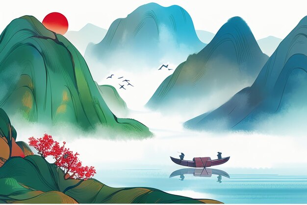 중국 수채 잉크 스타일 태양 산 새 보트 나무 풍경 그림 추상 예술 벽지