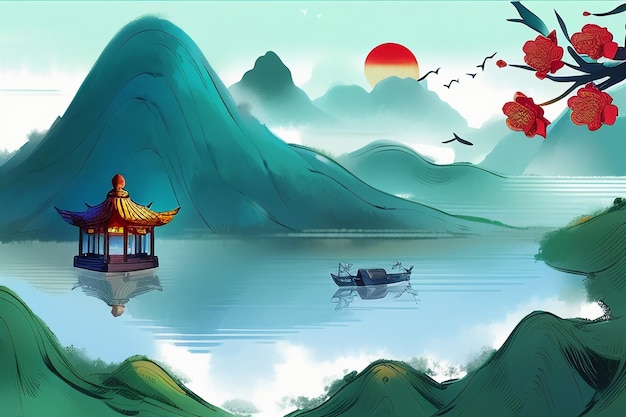 Photo chinese watercolor ink style sun mountain bird boat tree landscape painting abstract art wallpaper