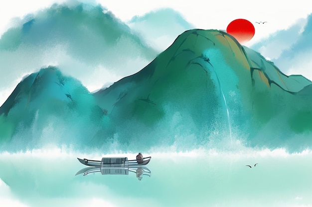 Chinese watercolor ink style sun mountain bird boat tree landscape painting abstract art wallpaper