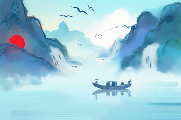 Chinese watercolor ink style sun mountain bird boat tree landscape painting abstract art wallpaper