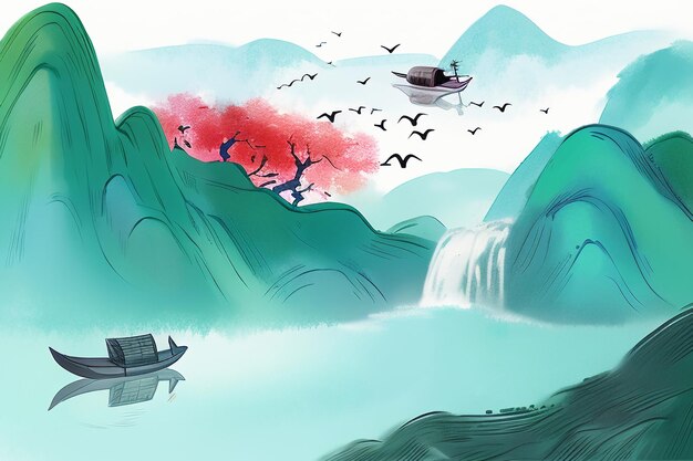 Chinese watercolor ink style sun mountain bird boat tree landscape painting abstract art wallpaper