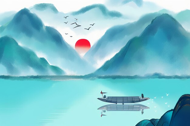 Chinese watercolor ink style sun mountain bird boat tree landscape painting abstract art wallpaper