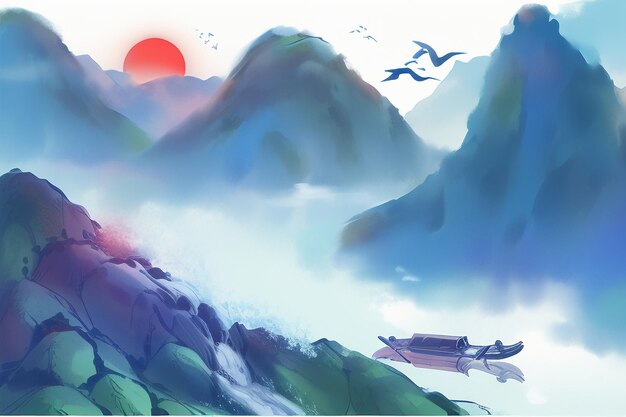 Chinese watercolor ink style sun mountain bird boat tree landscape painting abstract art wallpaper