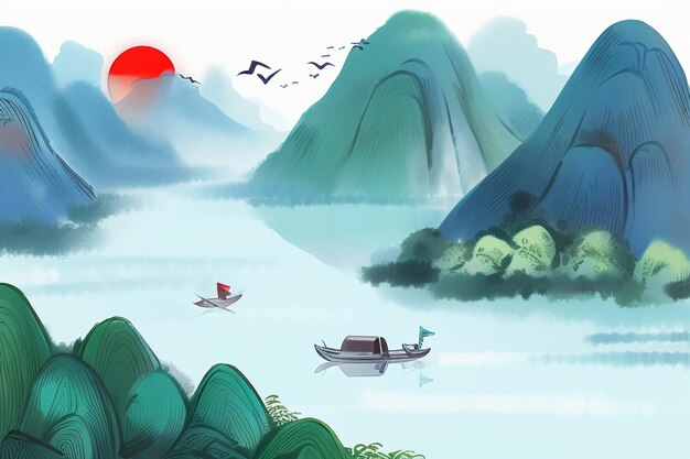 Chinese watercolor ink style sun mountain bird boat tree landscape painting abstract art wallpaper